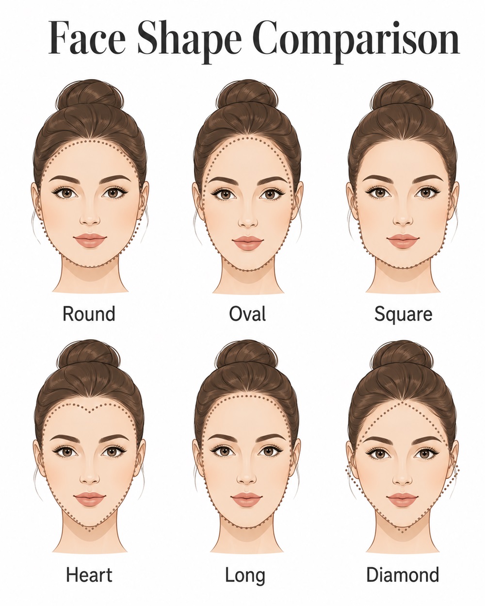Infographic showing the best short haircuts for round, oval, square, heart, long, and diamond face shapes.