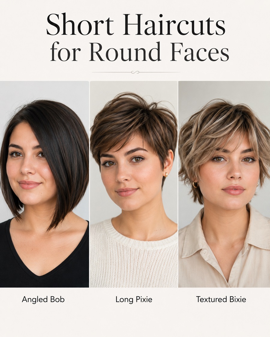 Short haircuts for round faces including angled bob, long pixie, and textured bixie.