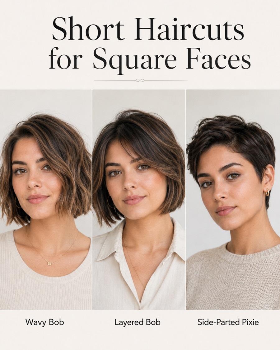 Short hairstyles for square faces including wavy bob, layered bob, and side-parted pixie.