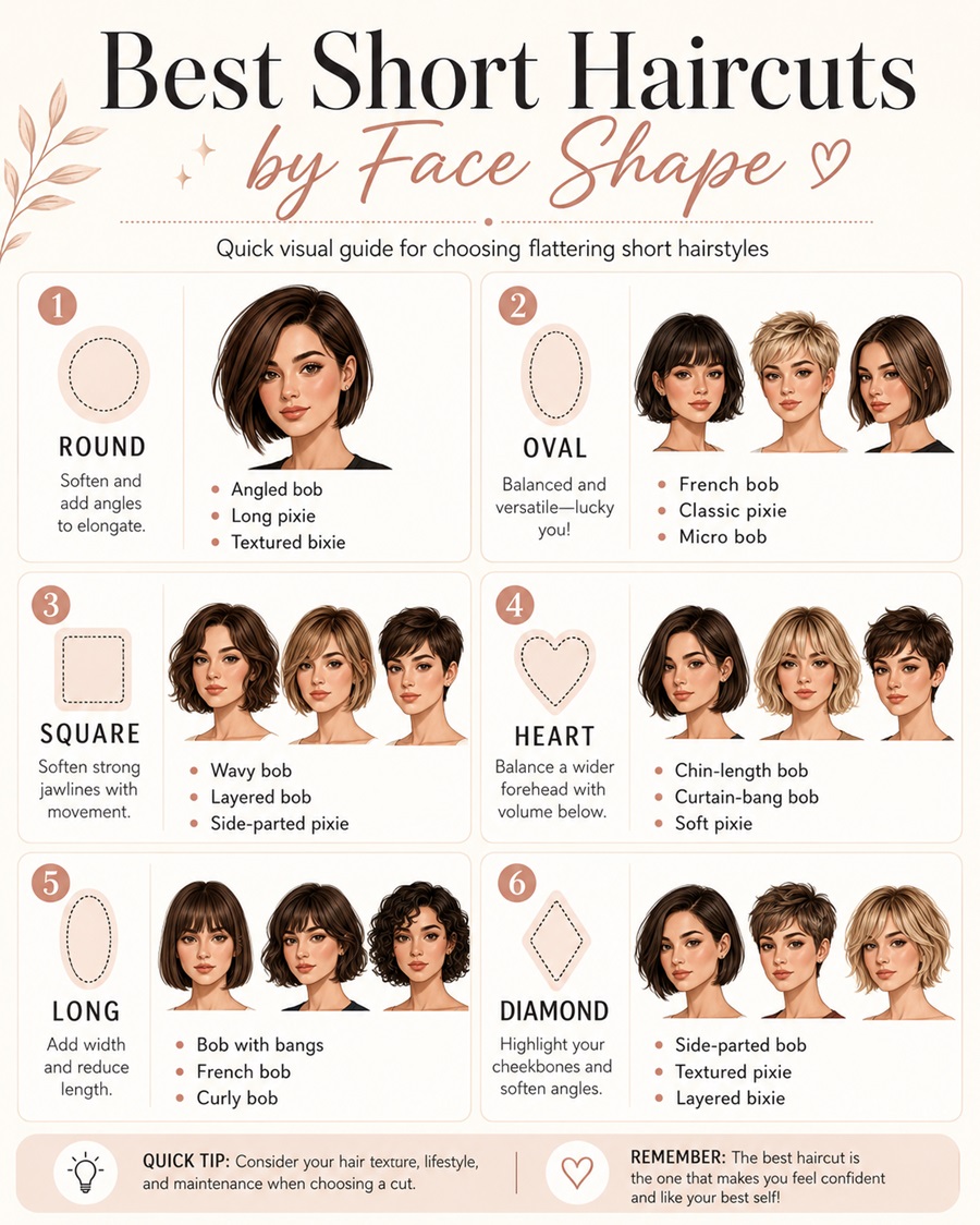 Infographic showing the best short haircuts for round, oval, square, heart, long, and diamond face shapes.